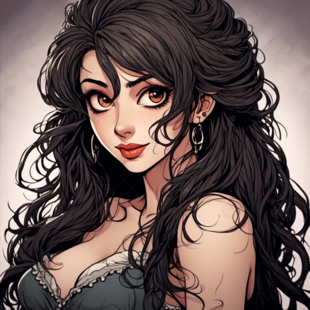  <lora:Comic Style:1.0>Attractive woman, dark hair, portrait