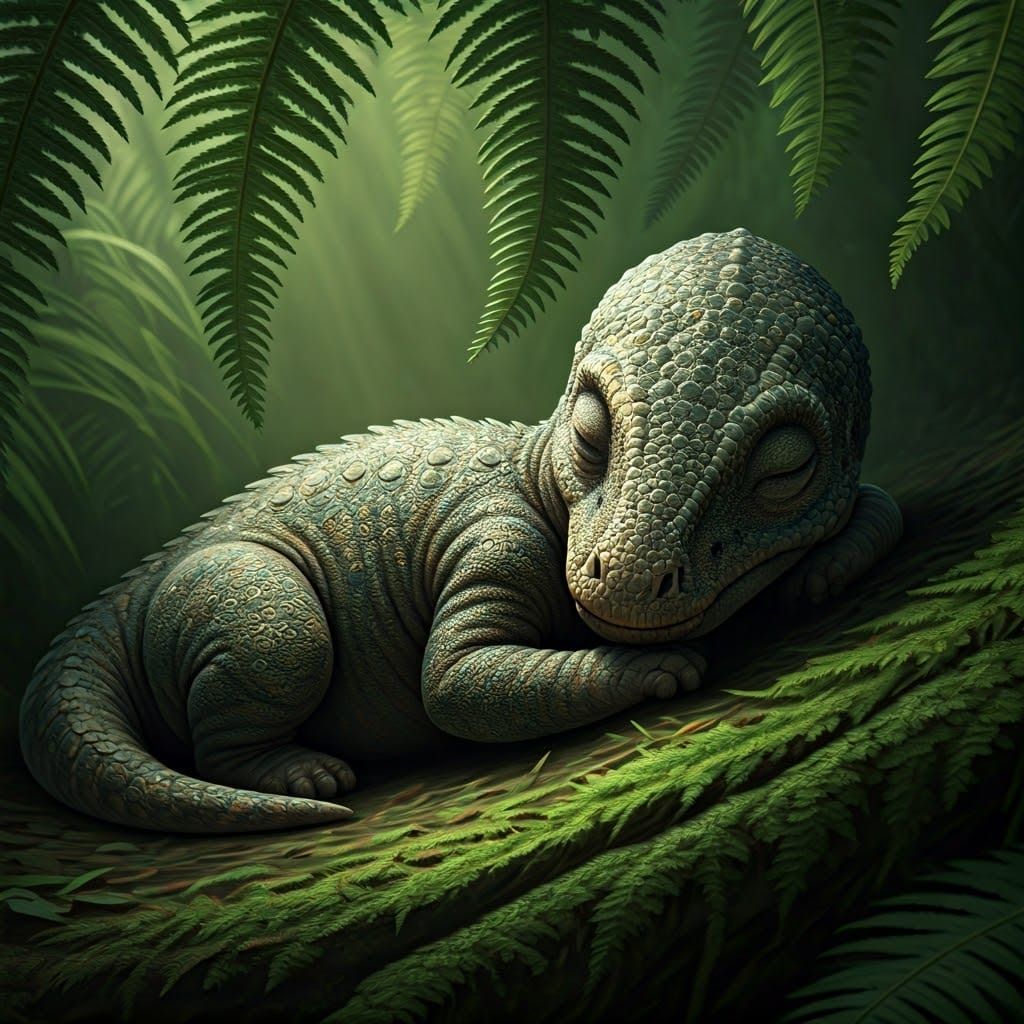 An adorable baby iguanodon dinosaur sleeping under a prehistiric fern.
  by @Katie May