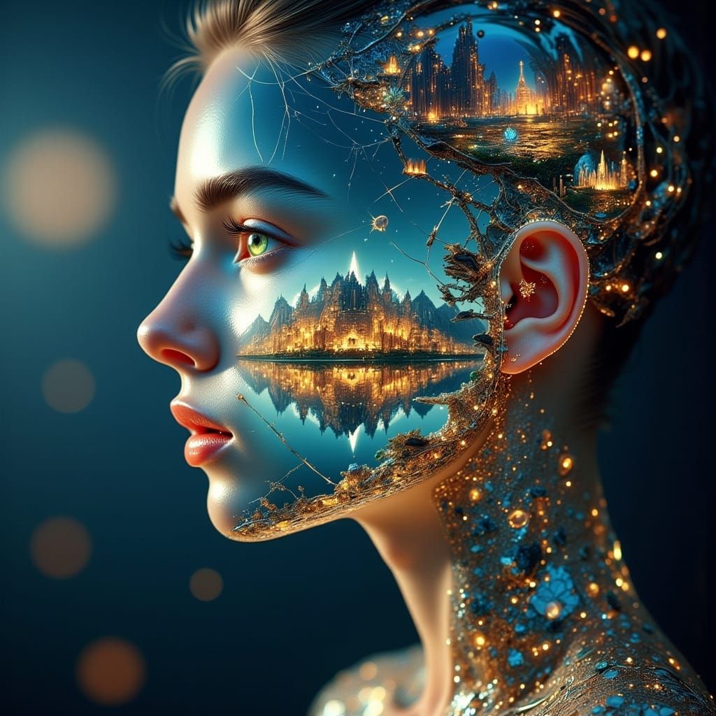 Ethereal Glass Face Reflects Vibrant Miniature World