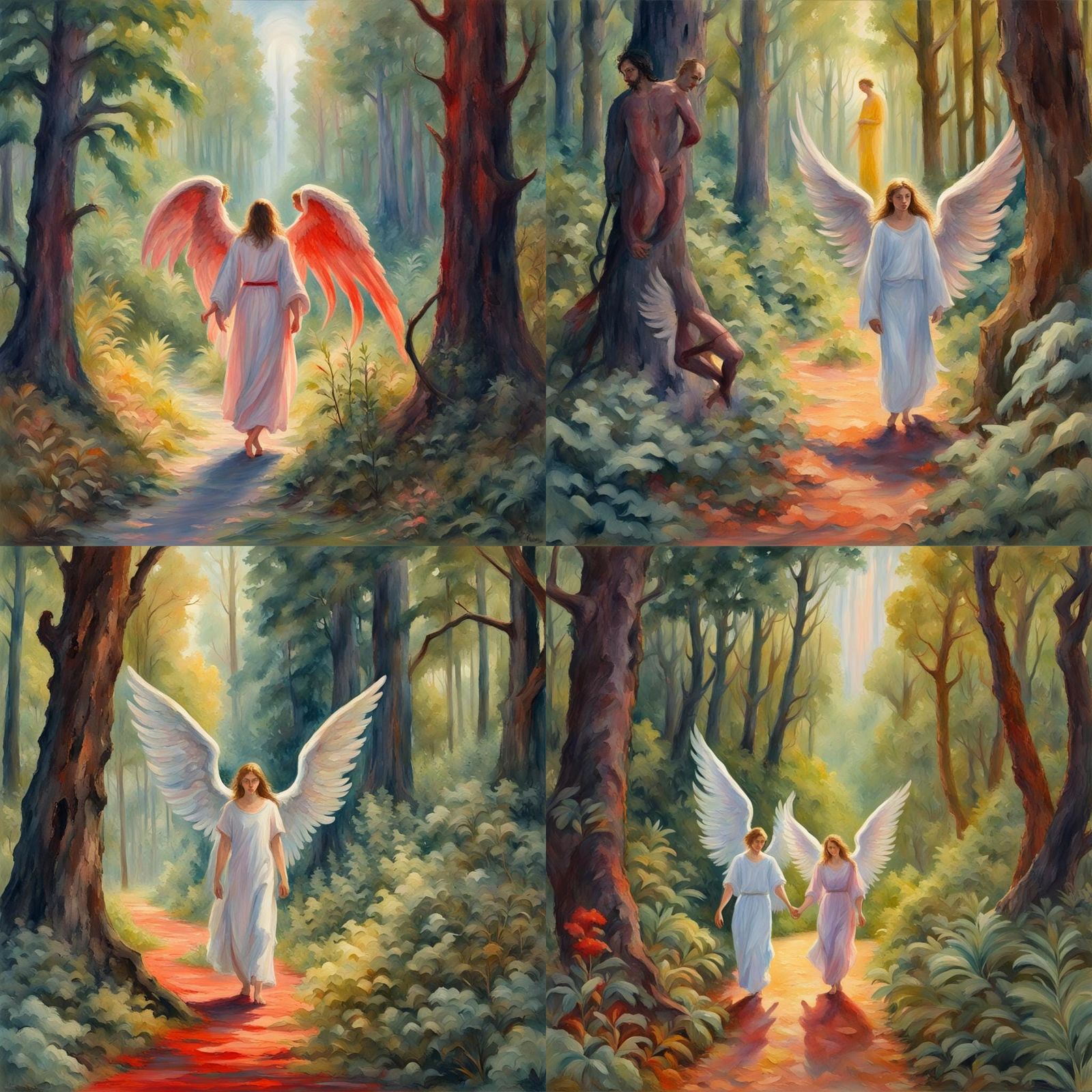 An angel walking in a lush forest