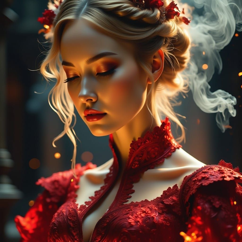 <lora:Made from fire 2:1.0>;  intricate patterns; beautiful  blonde hair in a bun with strands; close up girl face; fair complexion; gothic...