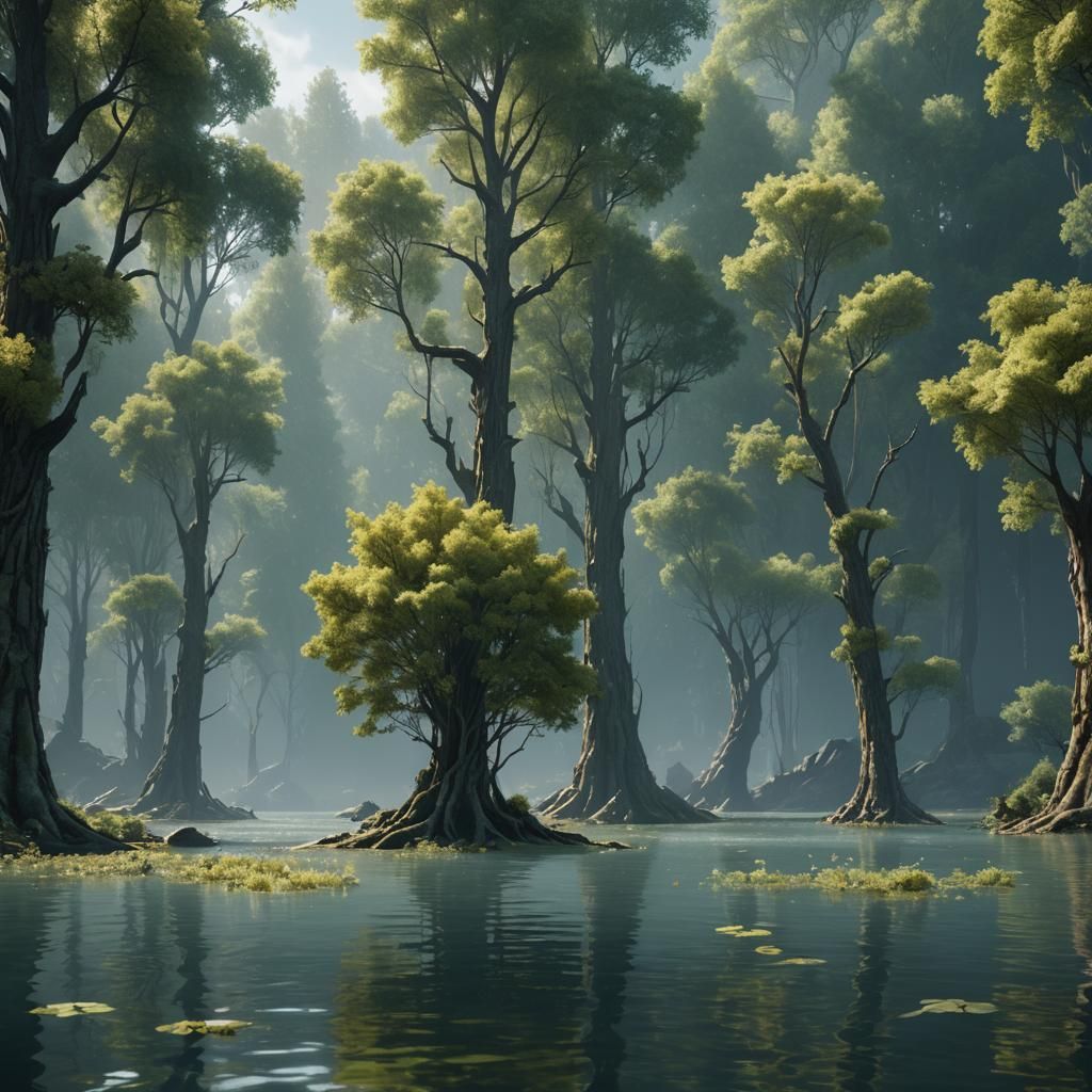 Trees floating upright in a lake ultra realistic high defini...