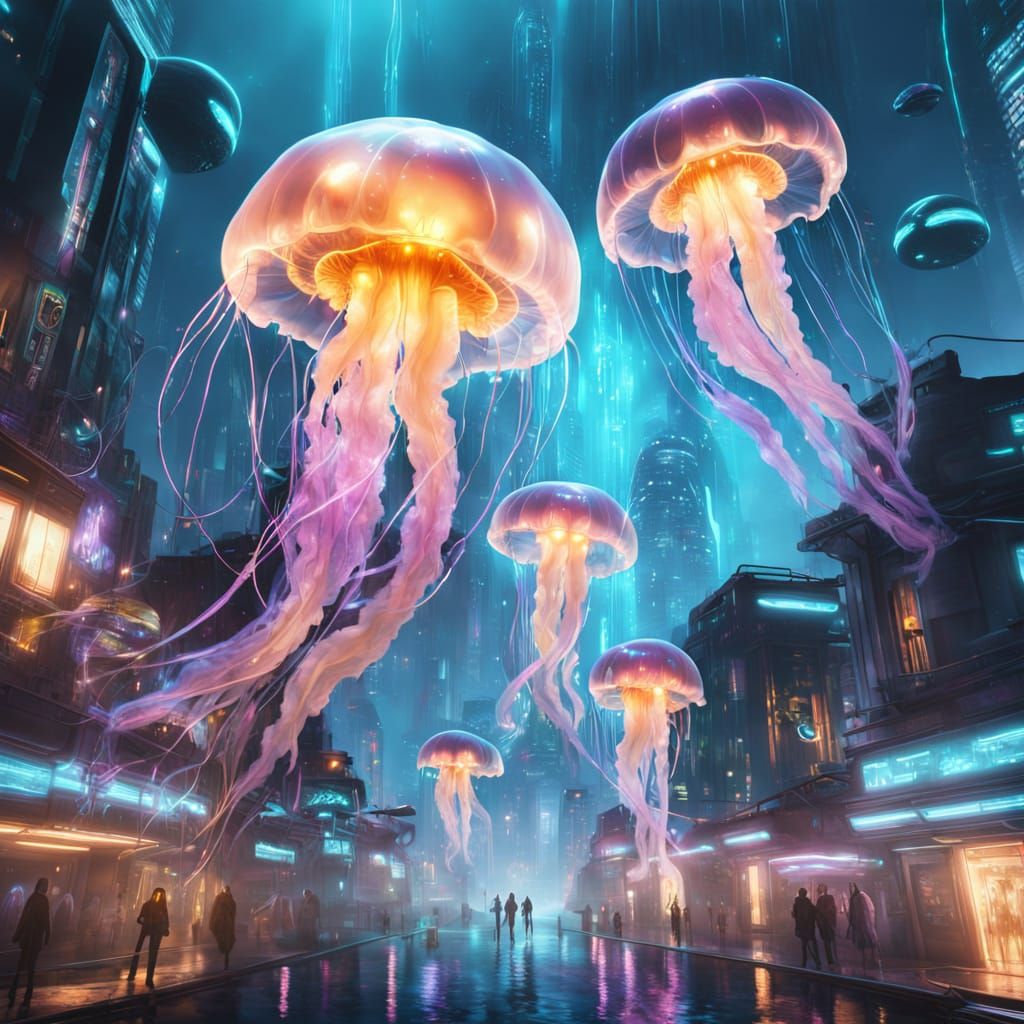 Cybernetic Jellyfish Glides through Futuristic Cityscape in ...
