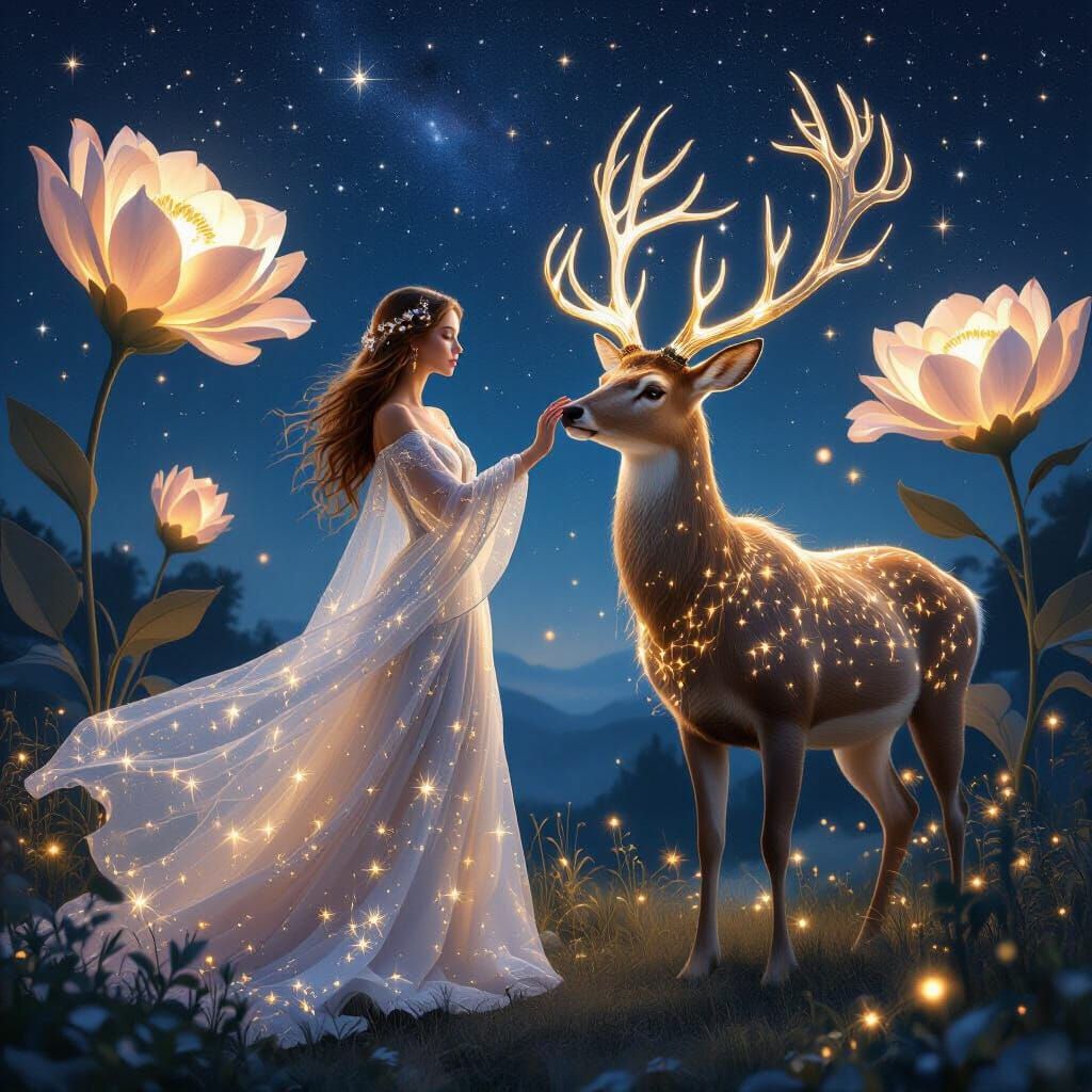 Ethereal Woman and Deer Under Starry Night Sky