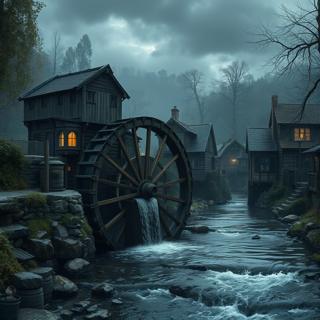 An old fashion water wheel straddling a stream powers a small village.  by @SouthernPeach