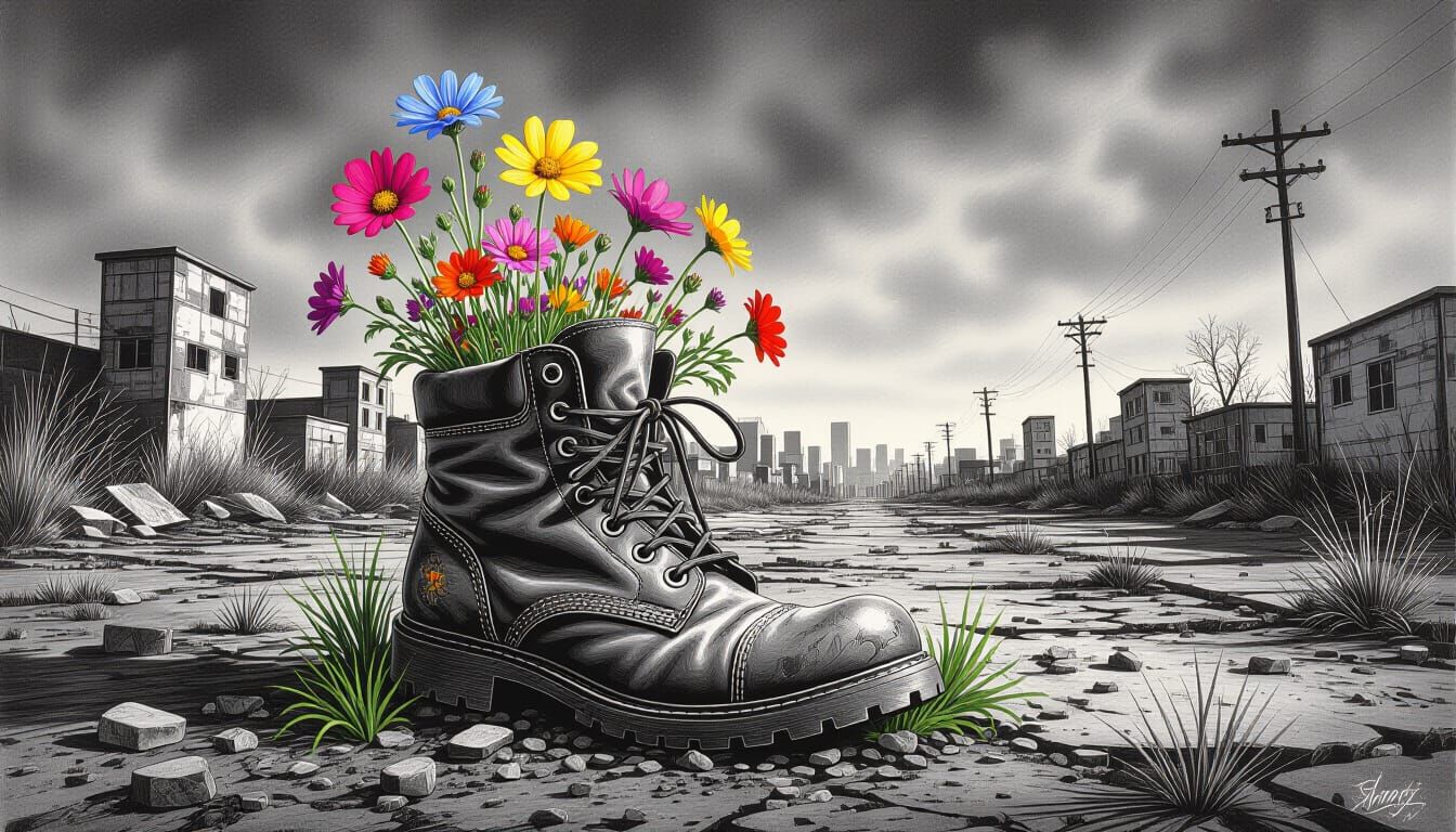 Wildflowers Sprout from Boot in Charcoal Drawing