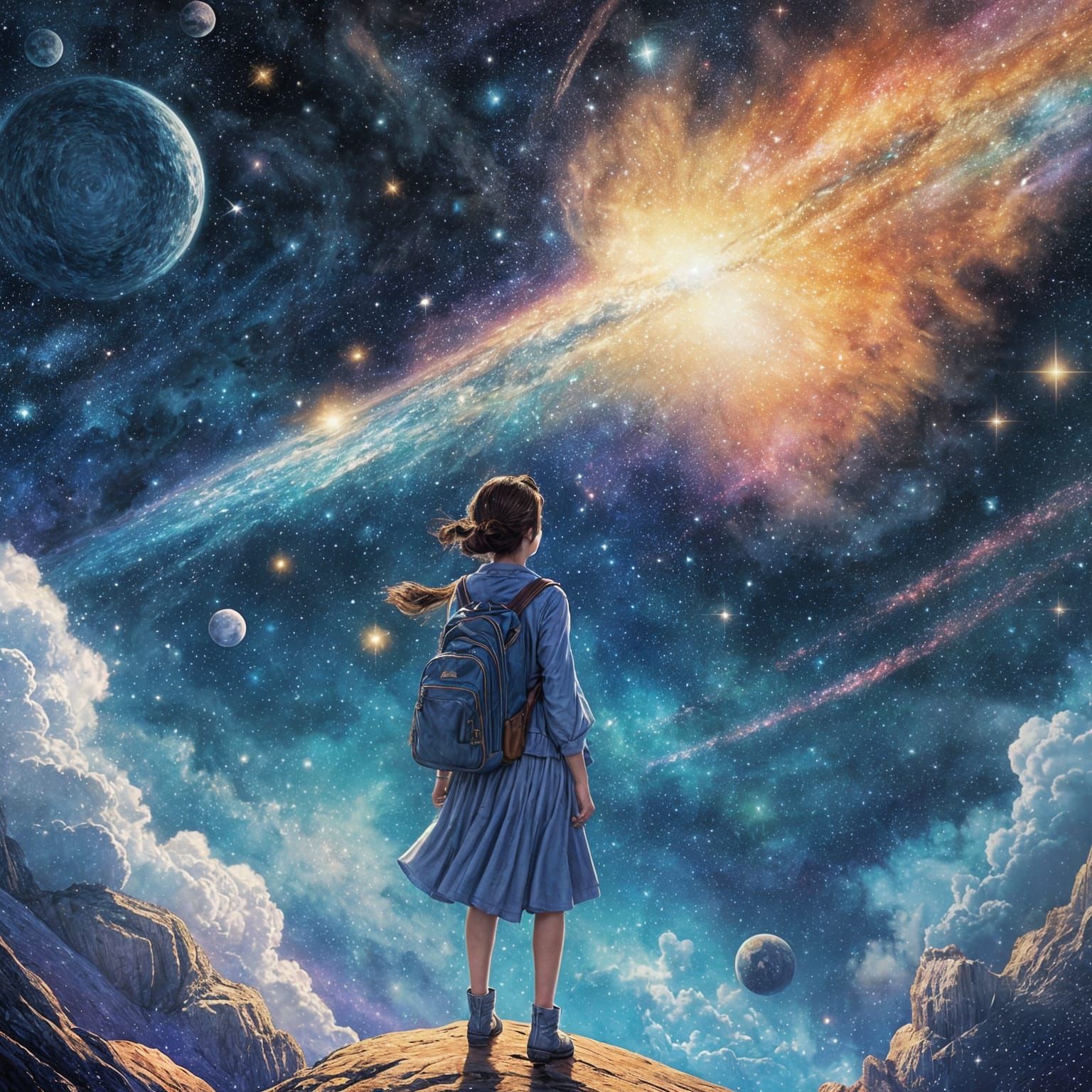 A whimsical Disney-style animation scene of a magical journey through the stars. A young traveler rides ...  by @Zacharo