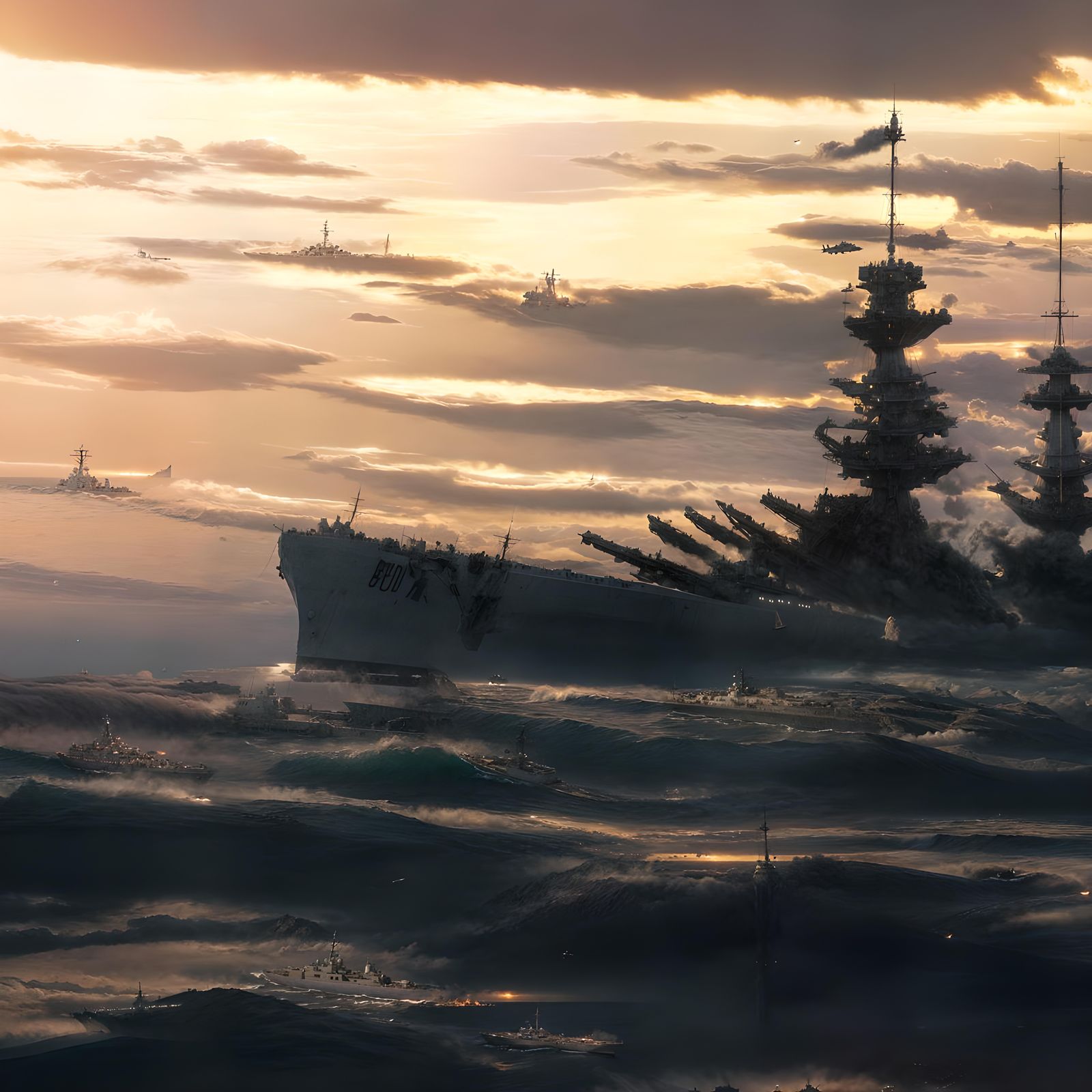 World War Two US Navy Destroyer Sailing alone into the sunse...