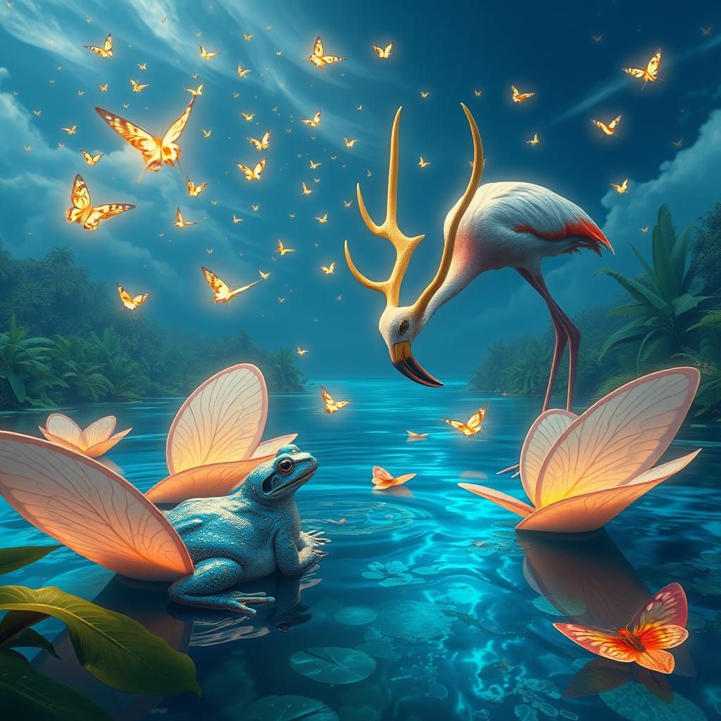 Serene Lagoon Scene with Iridescent Toads, Flamingo, and Sur...