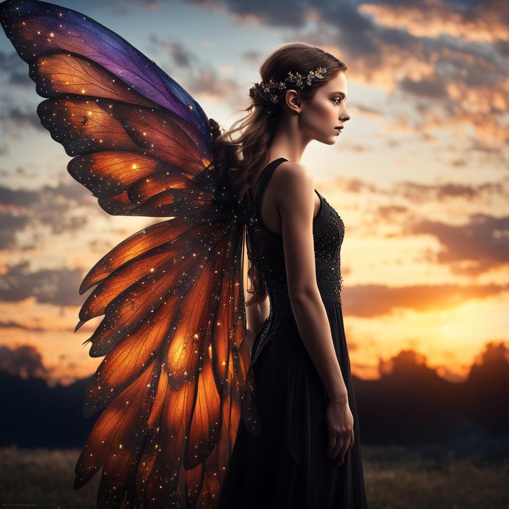 A fairy with sunset colored wings and black dress in the nig...
