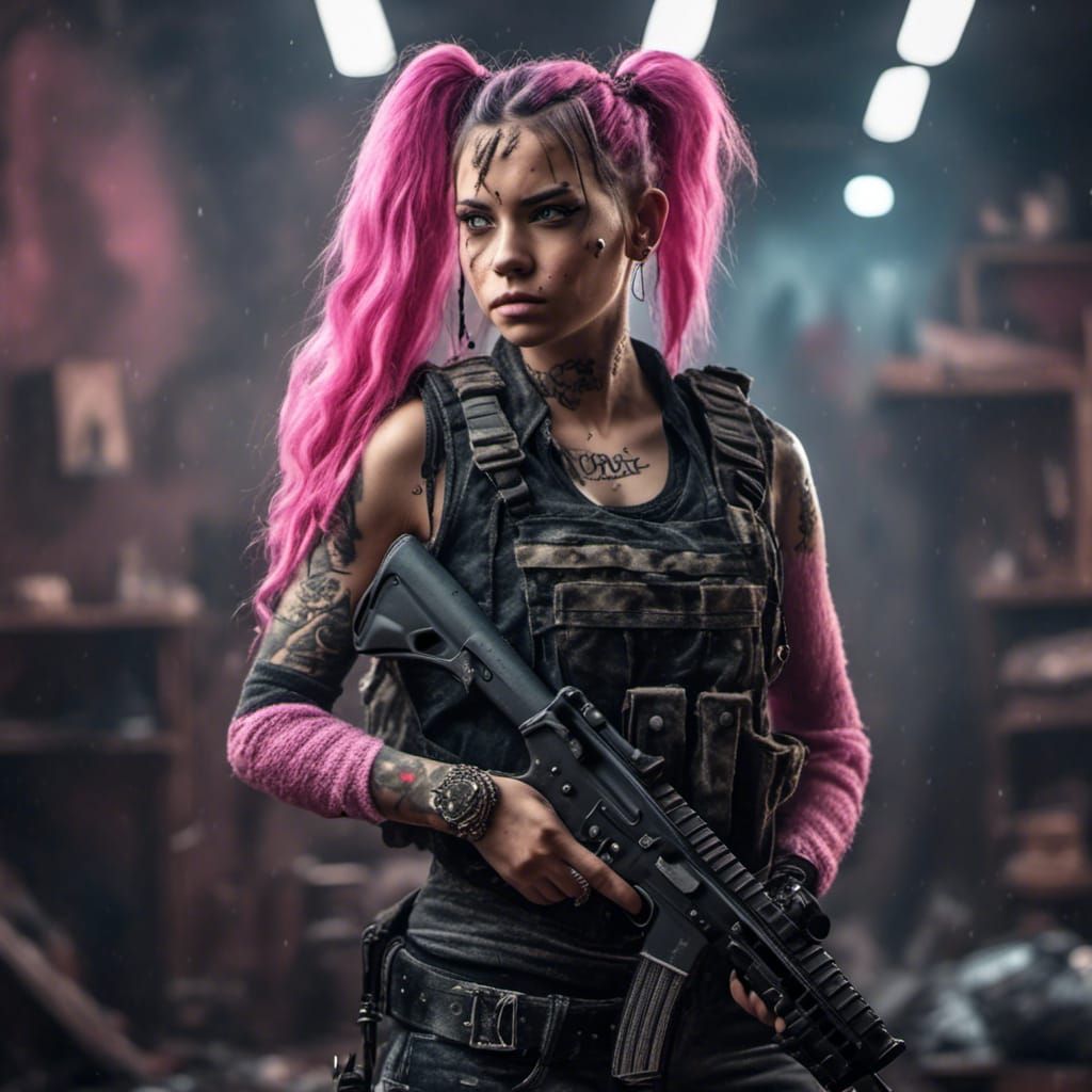 Gothic Woman with Pink Hair and Tactical Clothing