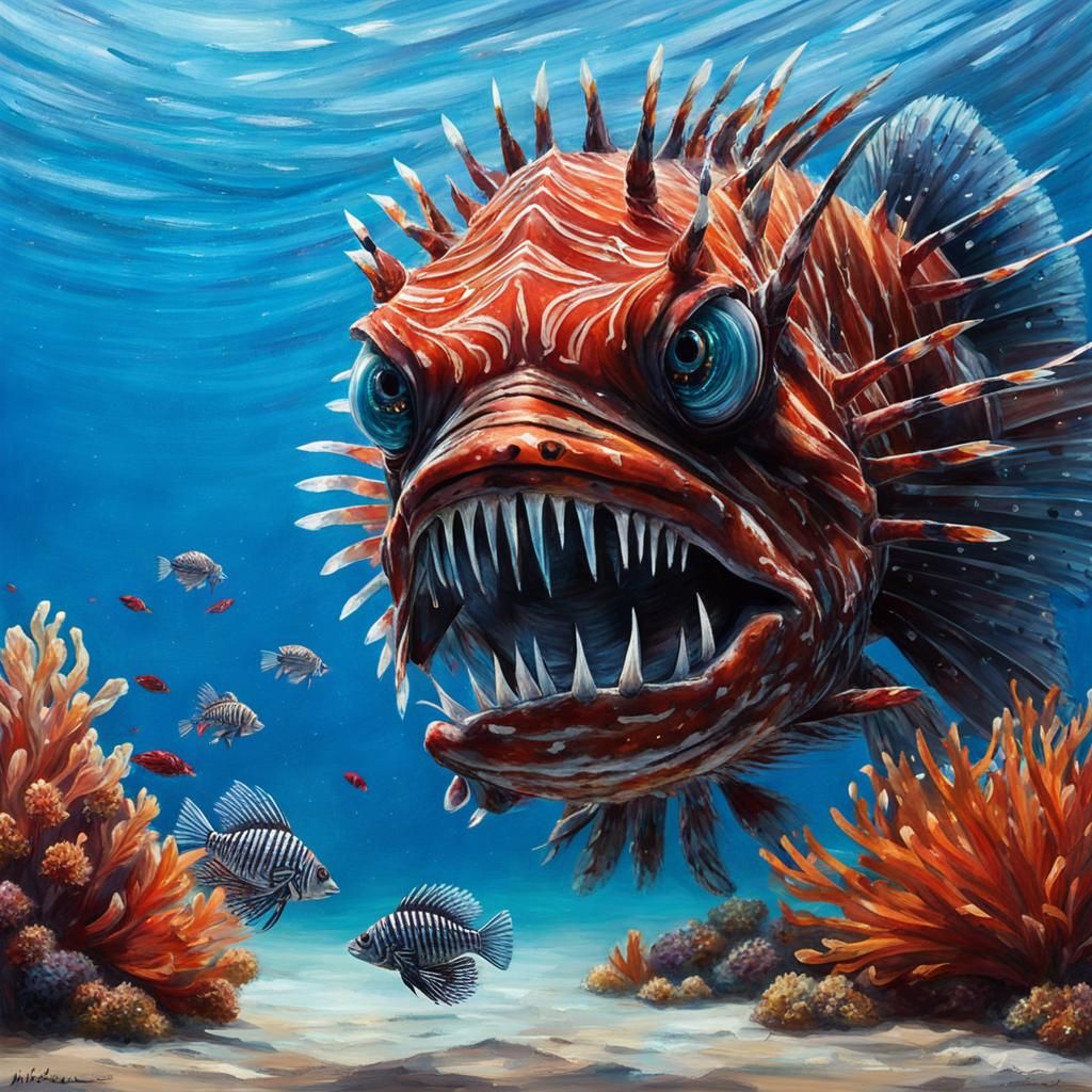 Red Lionfish about to swallow tiny betta 3
