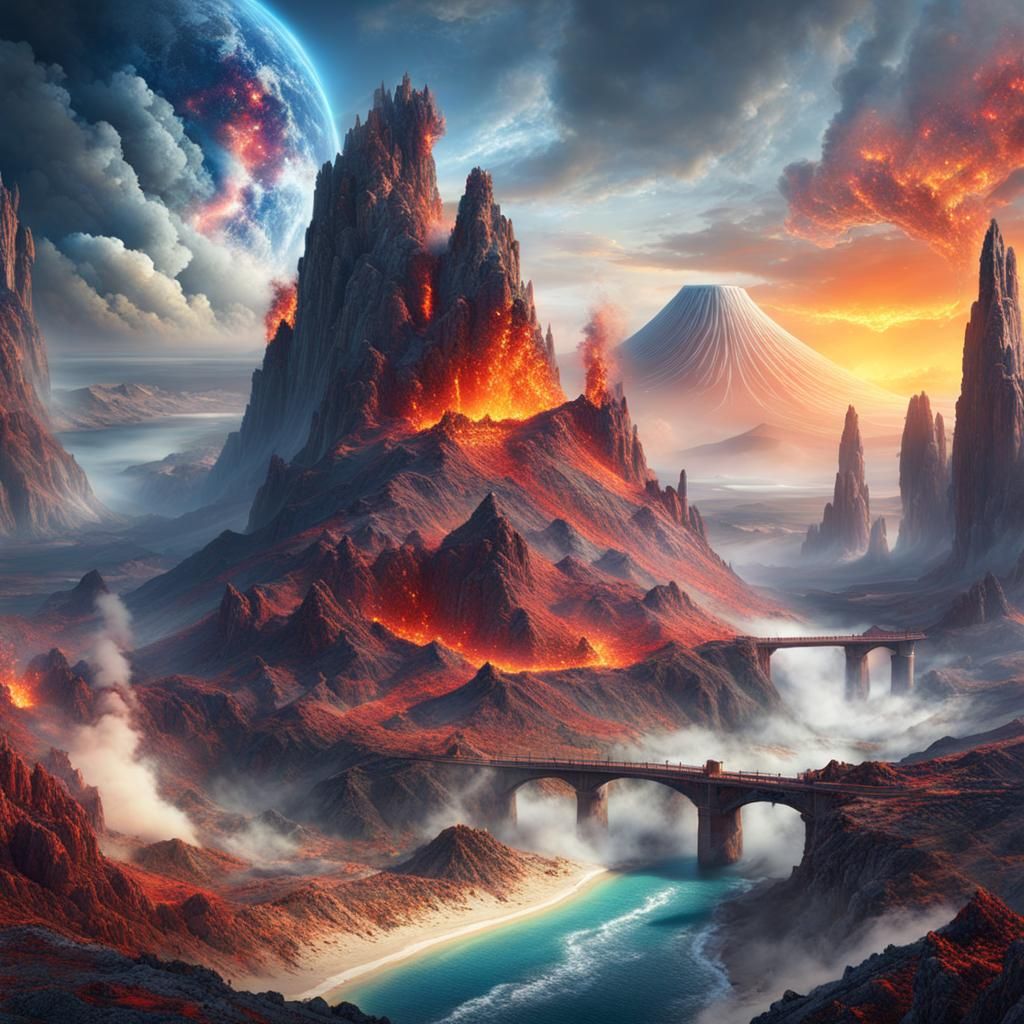 A tumultuous landscape where volcanic eruptions light up the...