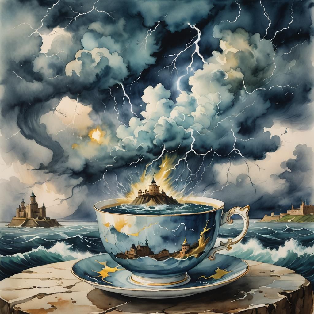 "This  watercolor depicts a sea storm with lightning in a te...