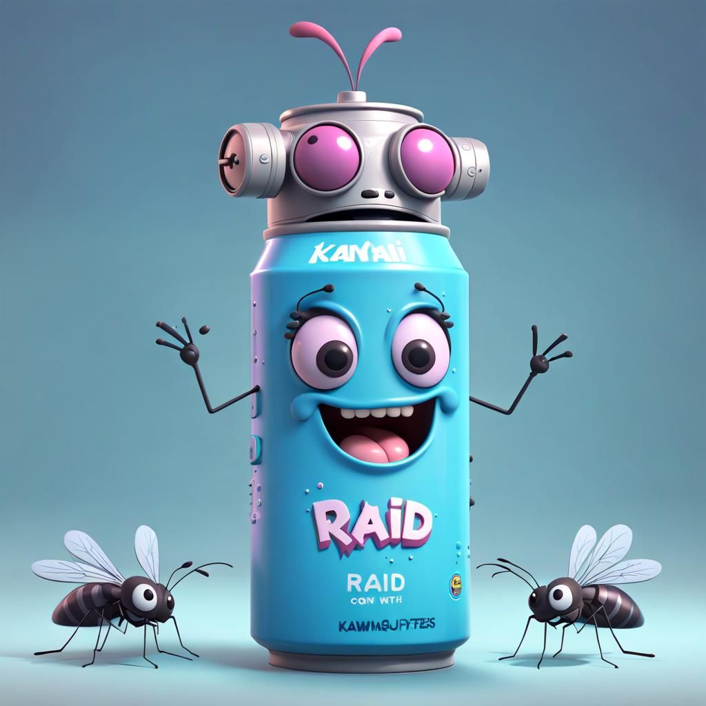 A kawaii spray can with eyes and mouth, with the text "Raid"...