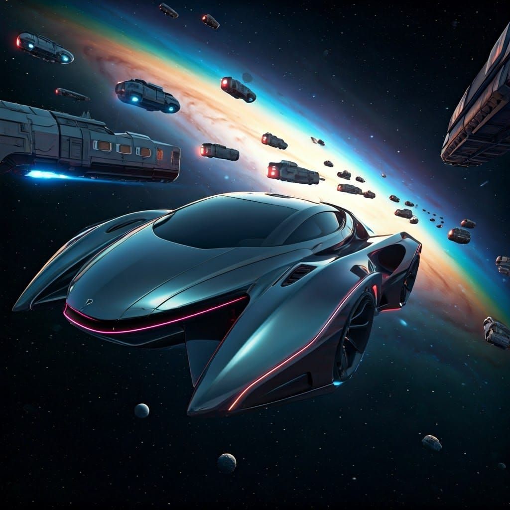 a futuristic fancy neon multicolored flying car in space passing a colorful galaxy stuck in traffic with ...  by @Yui