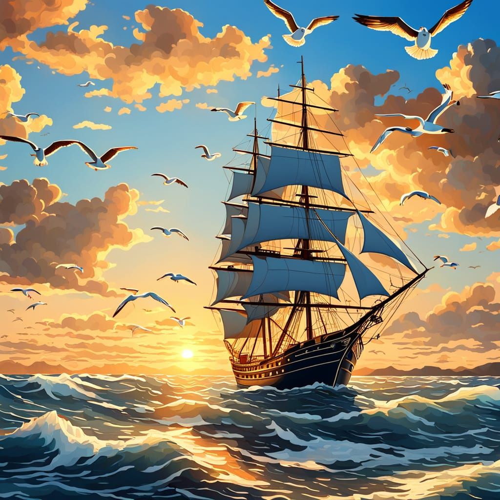 Sailing Ship at Sunset in Oil Painting Style