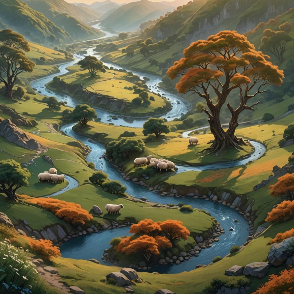 Panoramic River Landscape with Grazing Sheep