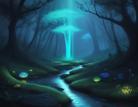 ethereal bioluminescent forest with a stream running through...