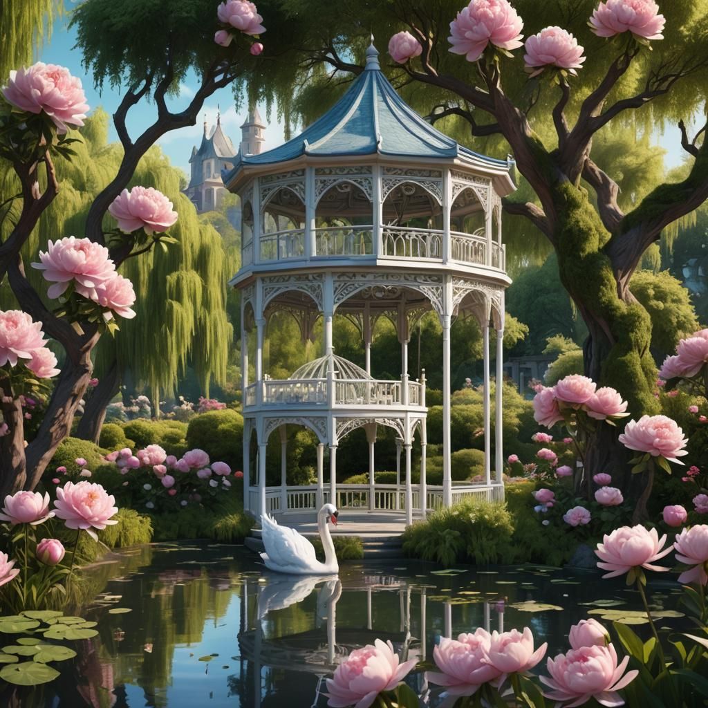 Pink peonies, white art nouveau gazebo, willow trees, swan o...