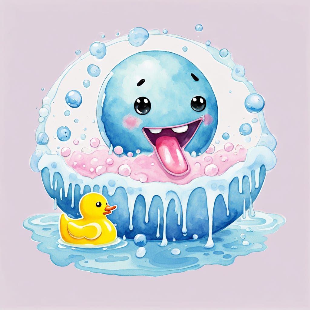 Silly Microbes watercolor. A single, round microbe with a silly grin is taking a bubble bath in a giant ...  by @Eggsquizit