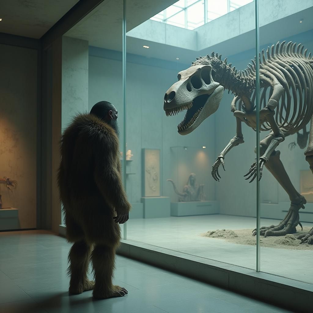 A living Neanderthal looks at a dinosaur skeleton in a modern museum