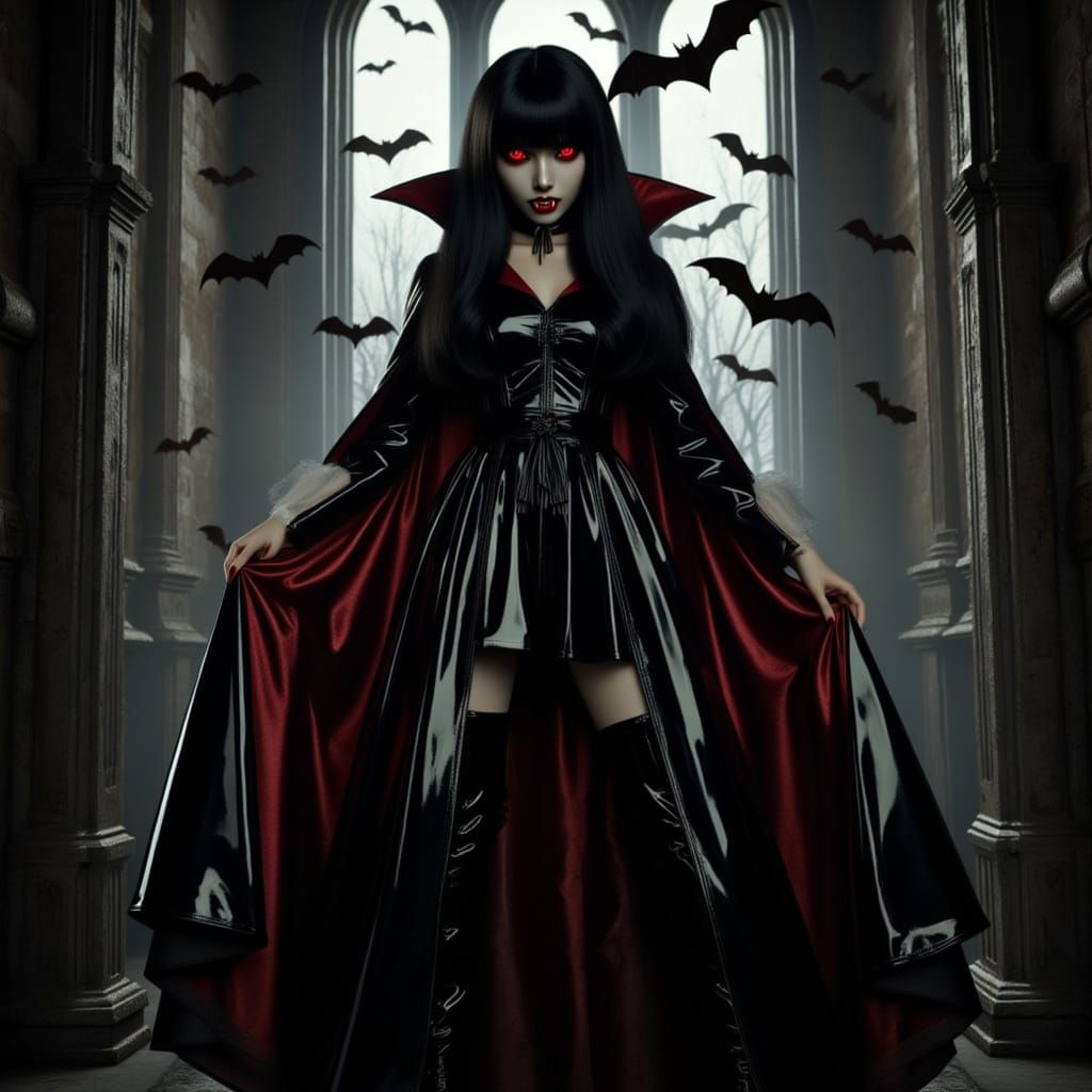 A gothic vampire queen with long black hair, dressed in a flowing black patent leather gown, stands in a decaying gothic...