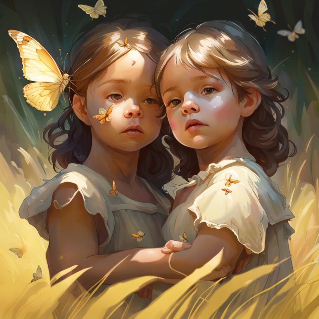 Baby in a field with her sister Catching butterflys