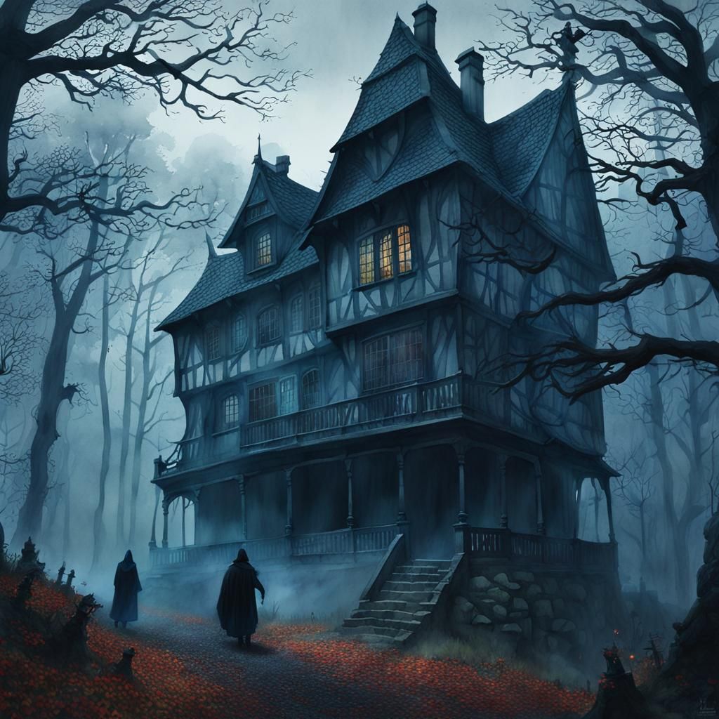 (watercolor:1.7)Trees, people, strybk, dark, forest, house, ...