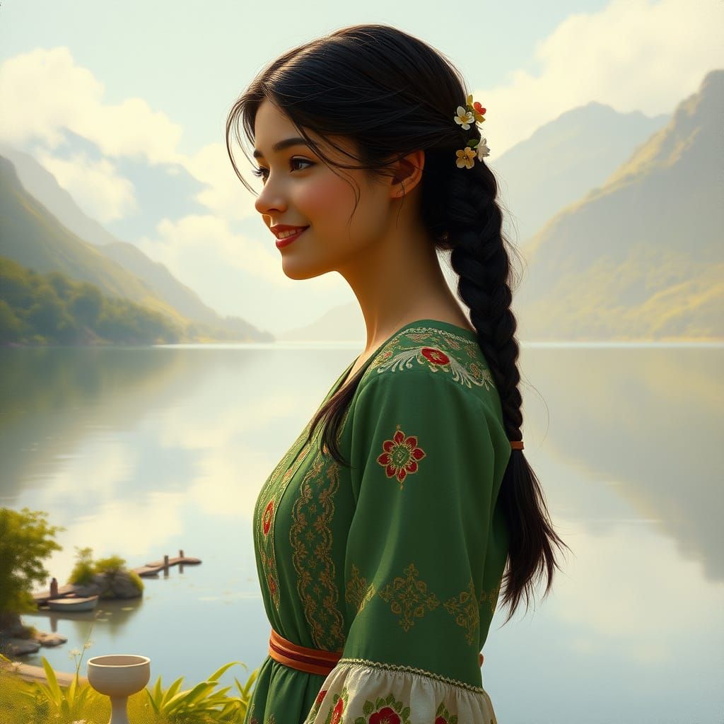 Ethereal Woman in Embroidered Dress Contemplates Serene Lake...