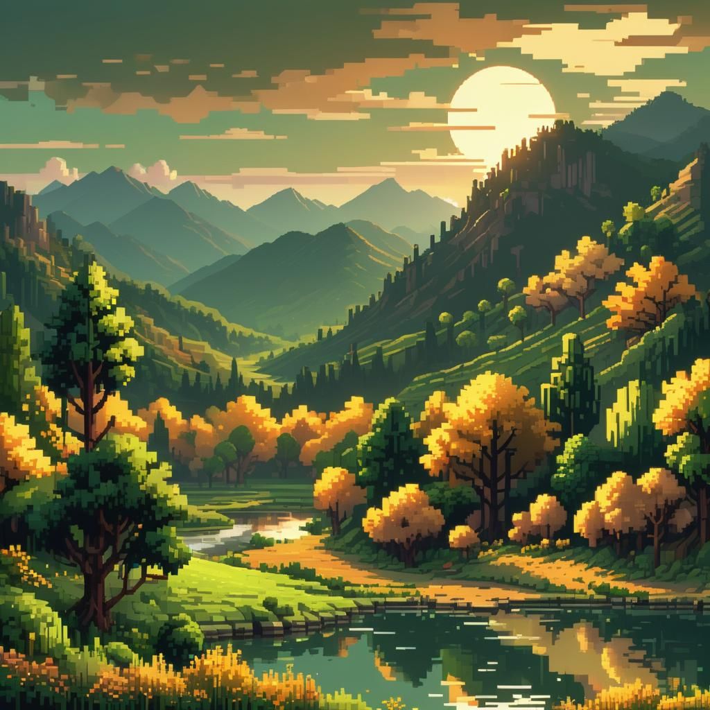a beautiful pixel art style sunset over a lush green valley, golden hour, pixel art, high quality,