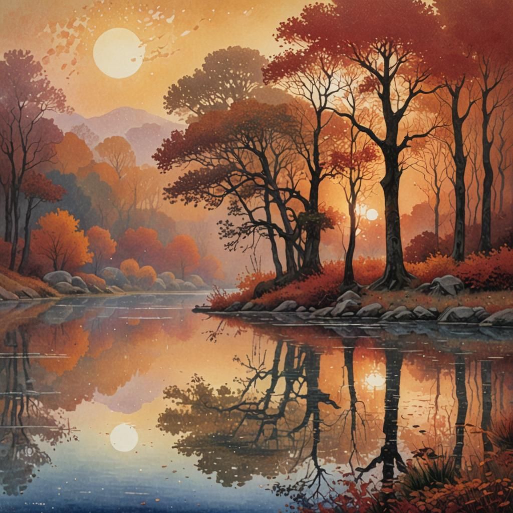 Autumn landscape , lake with reflections , red copper sunset...