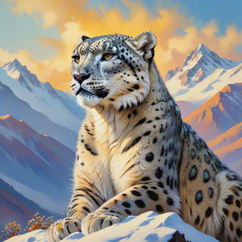 Painting of a snow leopard perched  atop a snowy mountain   by @Justme