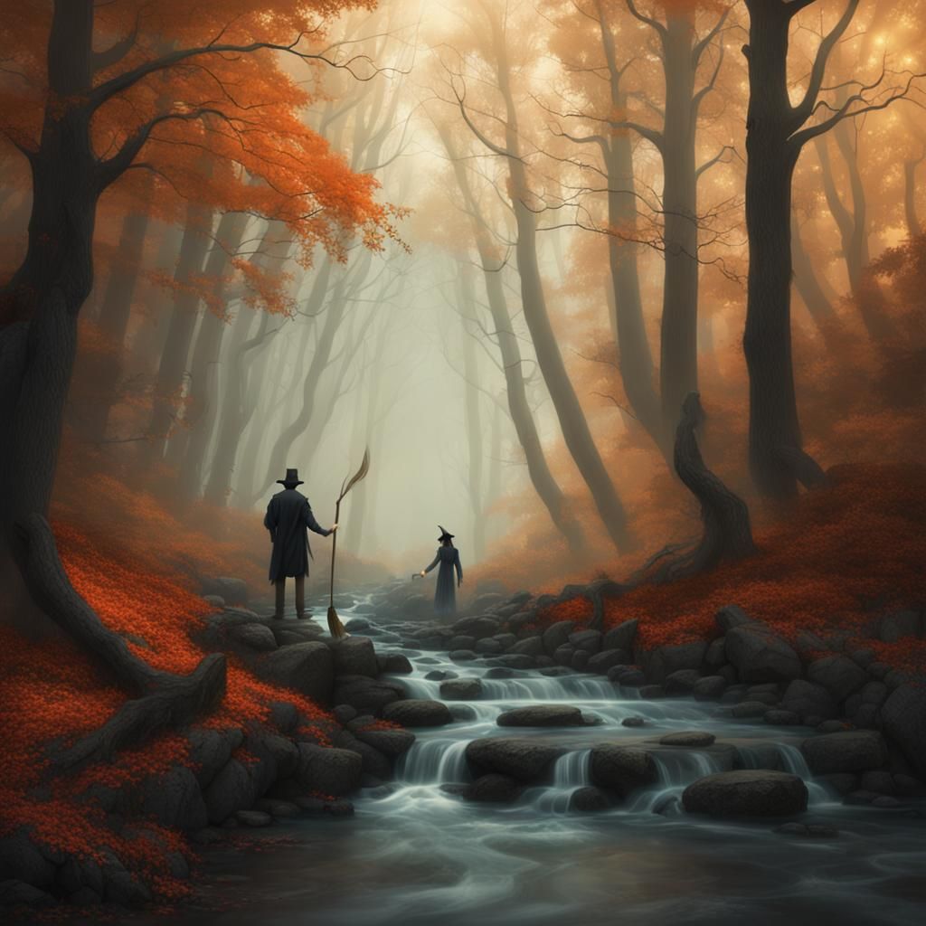 The forest, people, fantasy, a stream, magic, Halloween, fog...