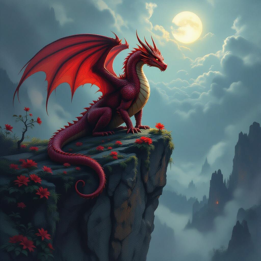Red Dragon on Blooming Cliff in Dark Fantasy Style
