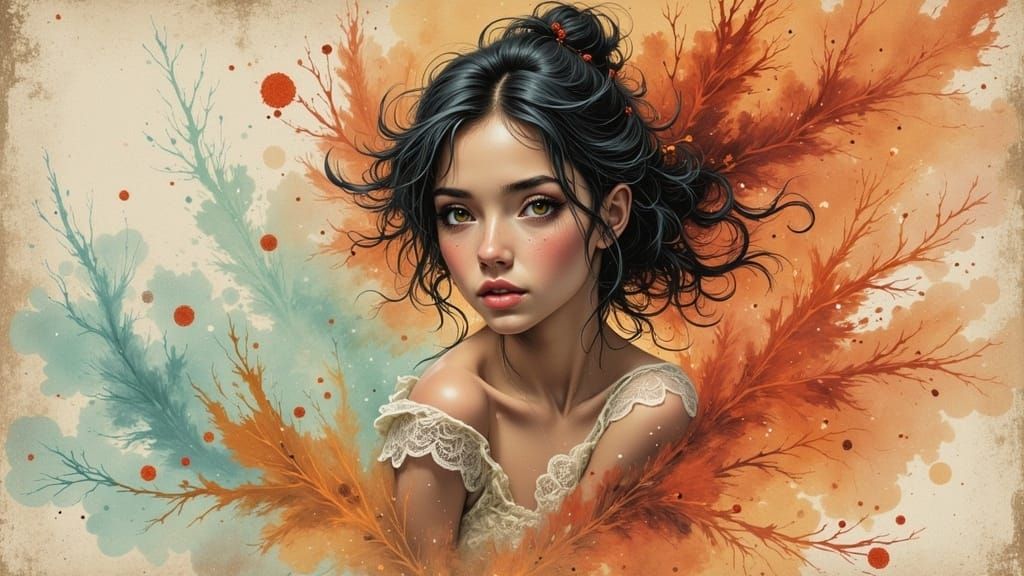 full body, over shoulder, Cute girl pin up art, ethereal, a lace character, smirk expression, <lora:Caffeinated Skies:1.0> against a grunge...