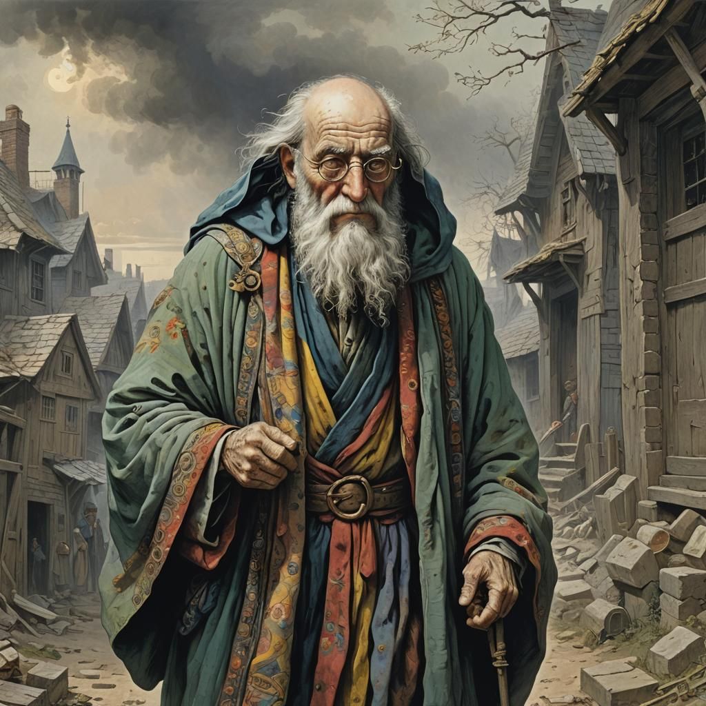 Little, wise, balding, old man, with a long white beard, wea...