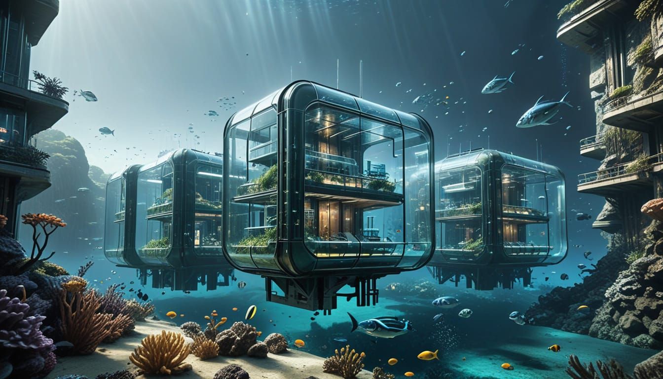 Futuristic underwater city made up of habitable modules connected to each other by glass corridors  by @Athanasius