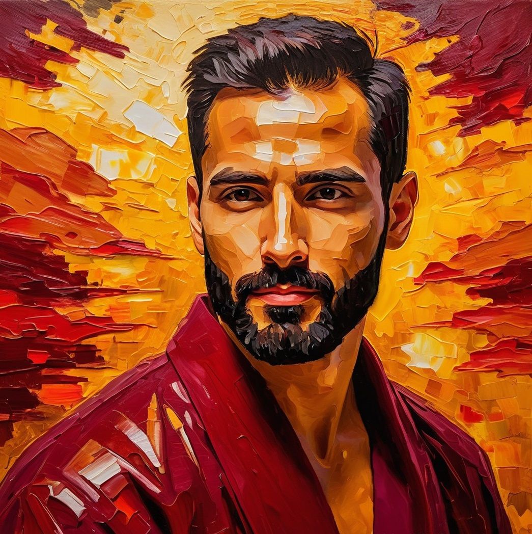 Portrait of a handsome bearded man wearing a red bathrobe