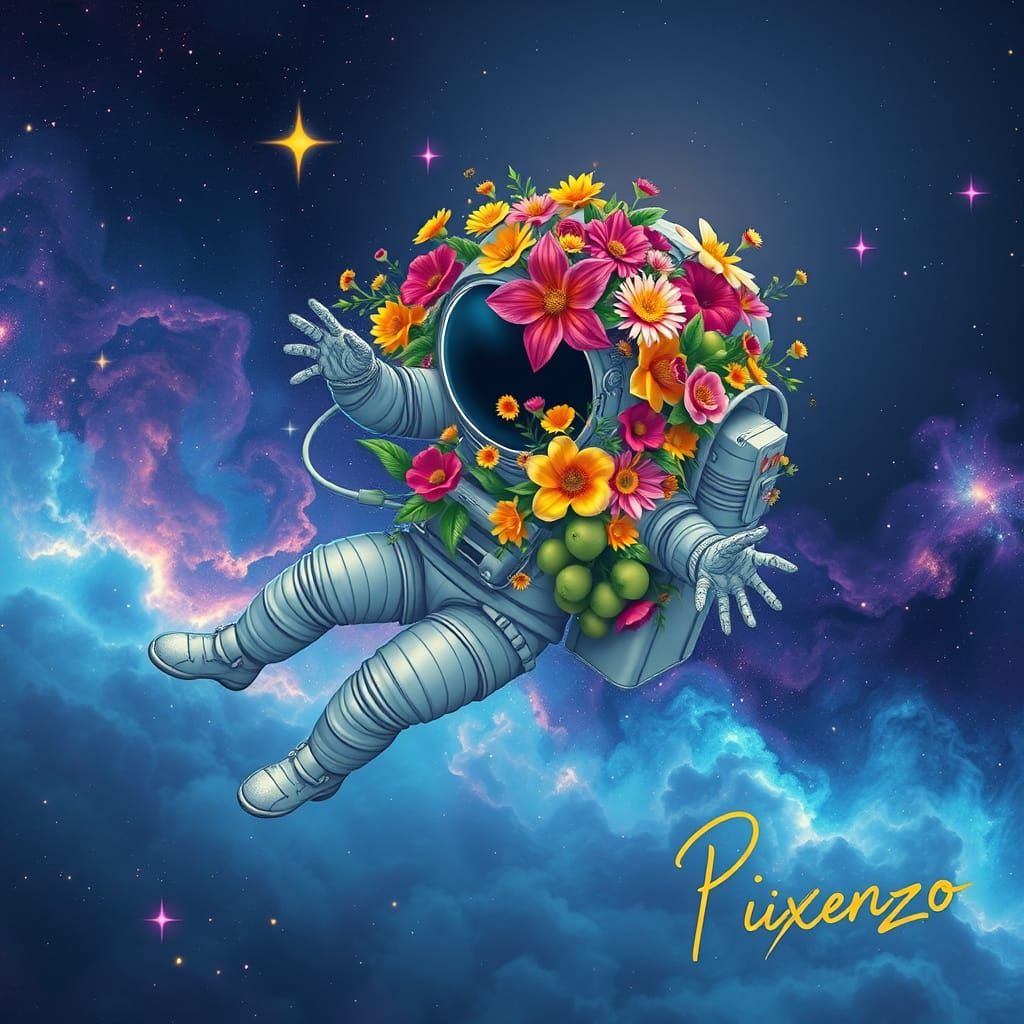 Cosmic Dreamer in a Vibrant Galaxy Garden