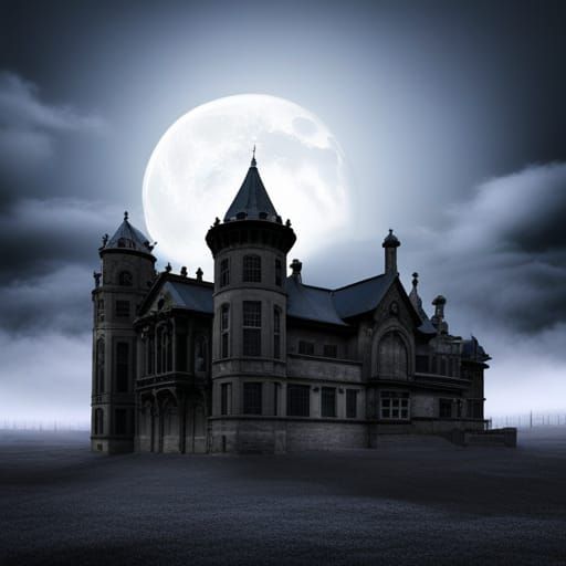 Spooky abandon mansion on a misty night with the moon partia...