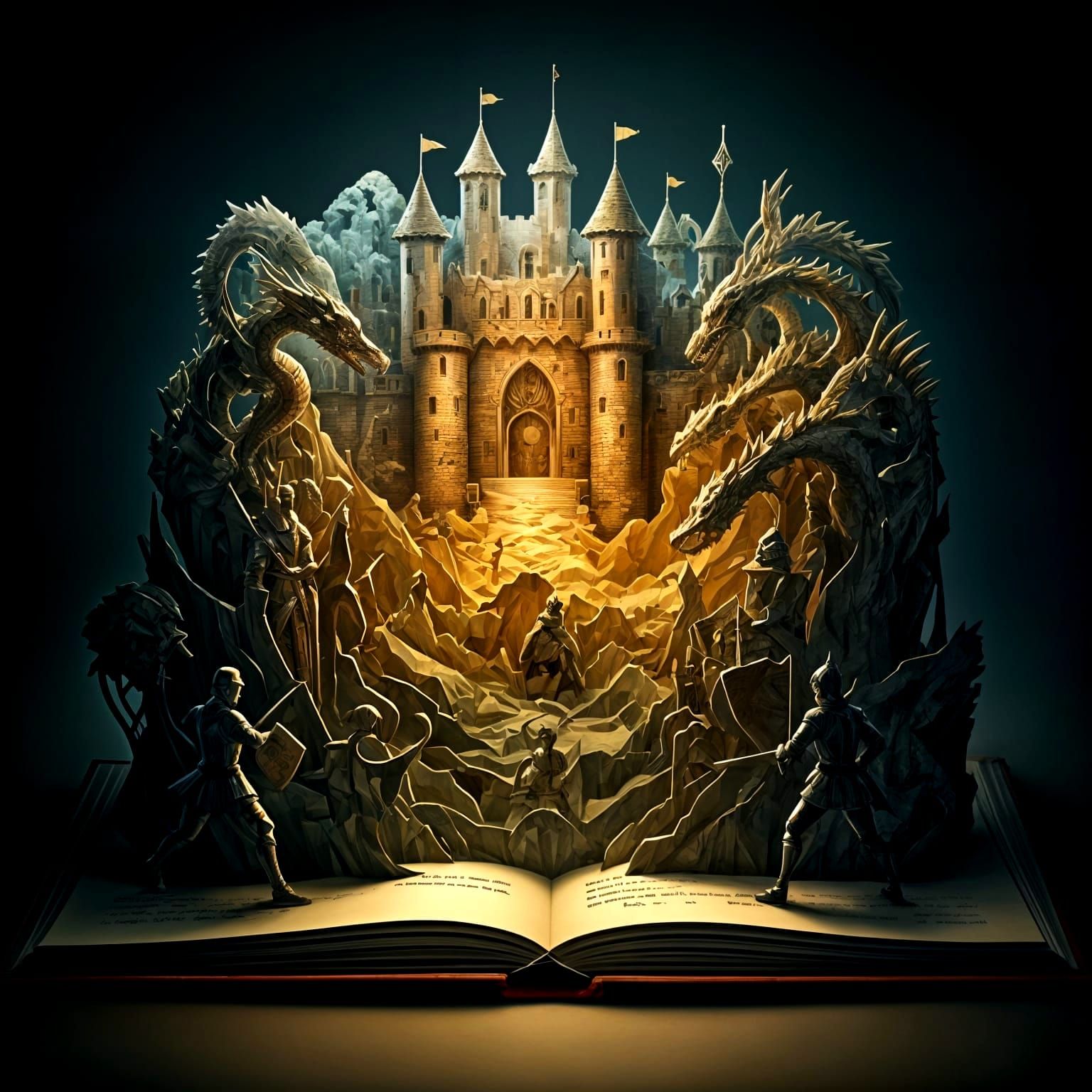 A dramatic pop-up book scene depicting a medieval castle emerging from a landscape of layered, textured ...  by @Valmont