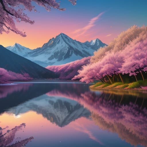 Vibrant Sunrise Over Magical Lake and Cherry Blossoms