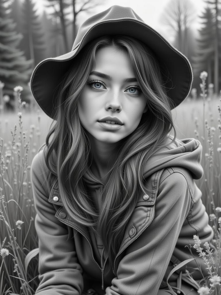 Introspective Woman in Muted Tones and Pencil Sketch Style