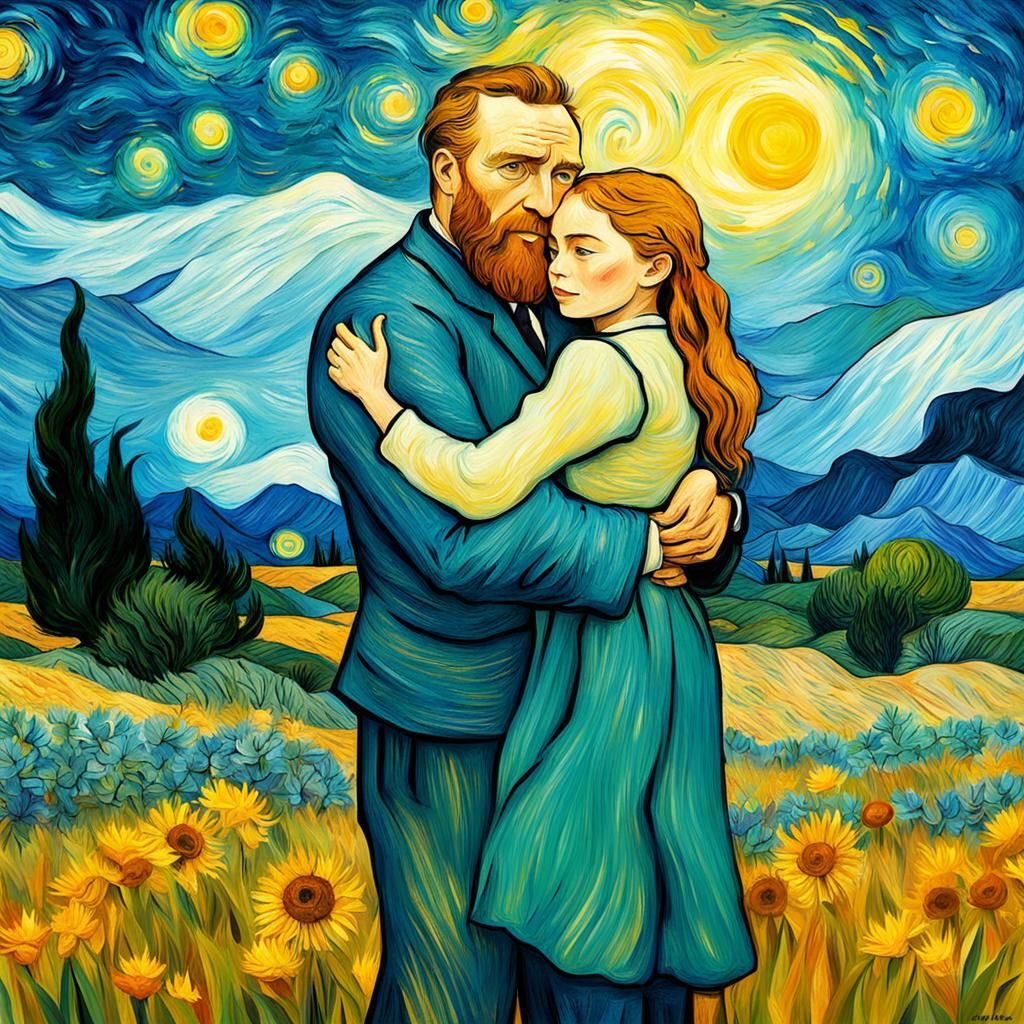 Van Gogh style painting father and daughter hugging Father's...