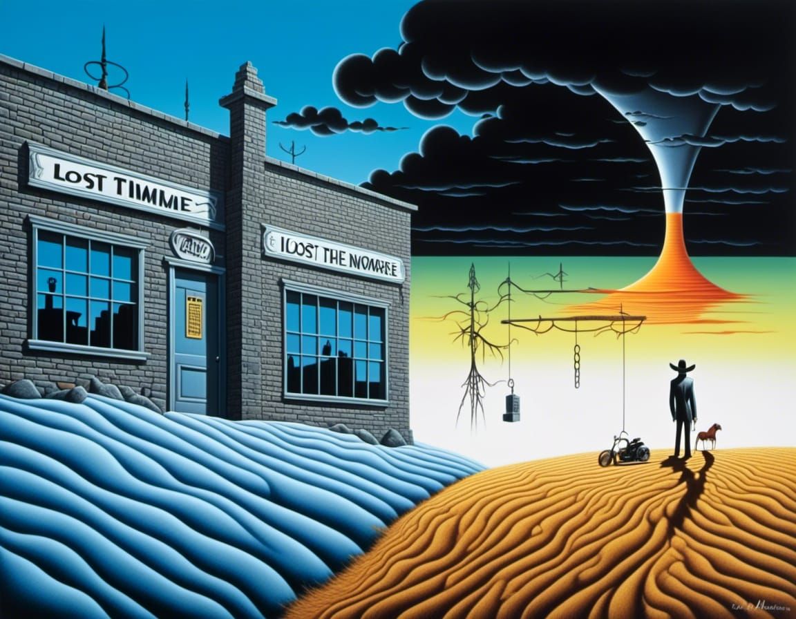 <lora:SDXL-WETA-FX:1.0> <lora:Hair Daze:1.0> surrealist painting depicting a store for lost time in the middle of nowhere.

A time jail shap...