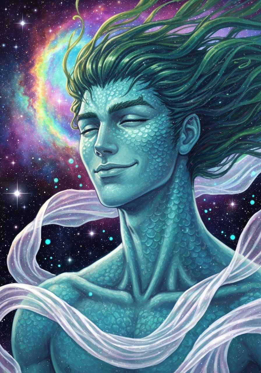 Cosmic manga portrait painting of a merman with blue-greenish scaled skin, a contented, warm-hearted facial expression and long hair whose s...
