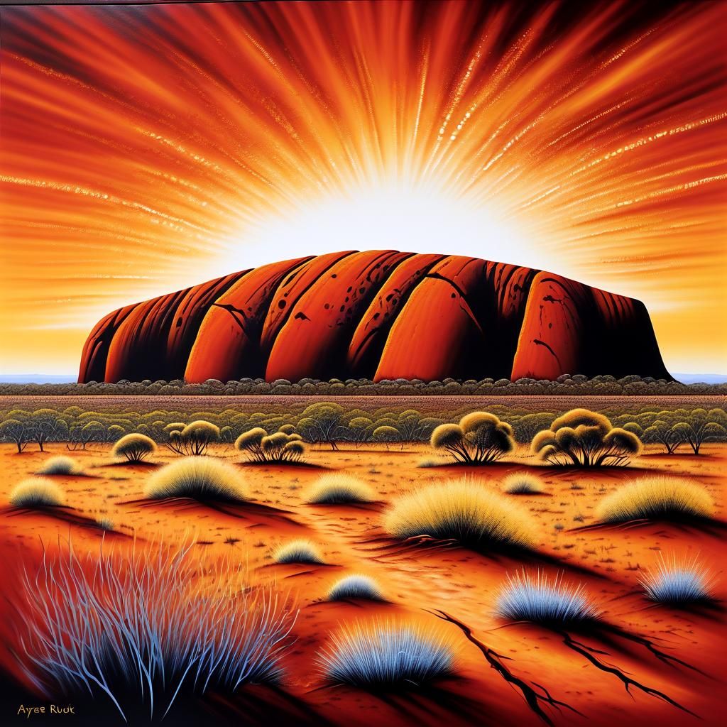 Australian aboriginal art Ayers rock at sunrise in a sunburn...