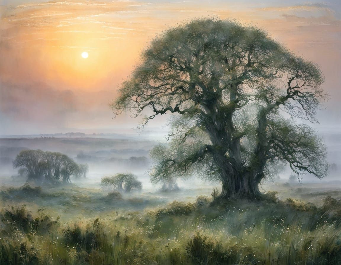 evening mist over the moor with ancient willow trees, by Lucy Grossmith, Stewart Edmondson, Carne Griffiths ...  by @Tina auf der Blumenwiese