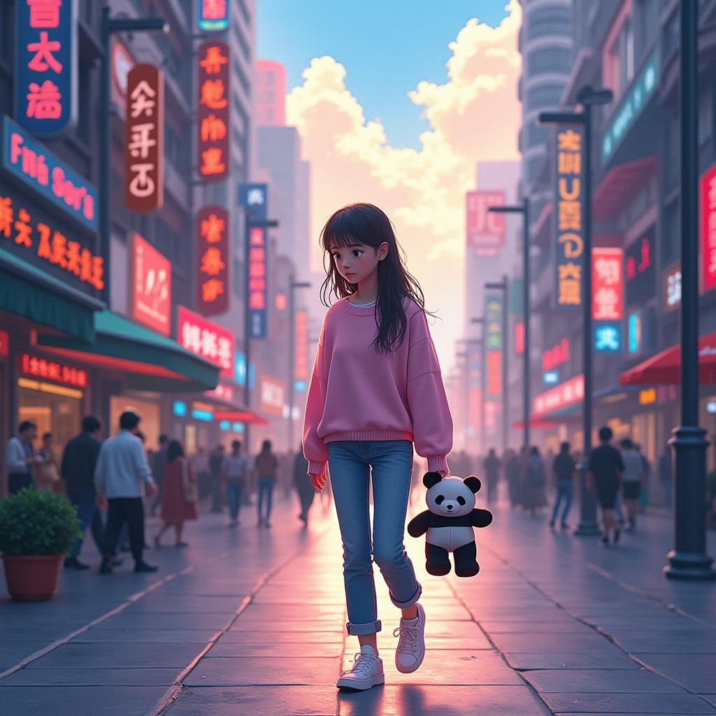 Woman with Panda Bear in Neon Cityscape